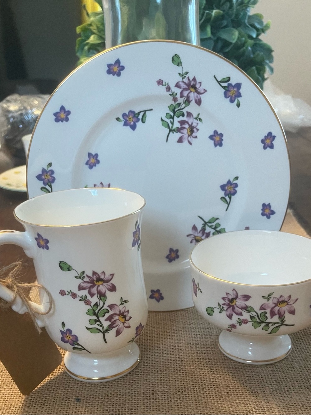 White Porcelain Dinnerware Set with Purple Floral Pattern and Gold Trim Vintage